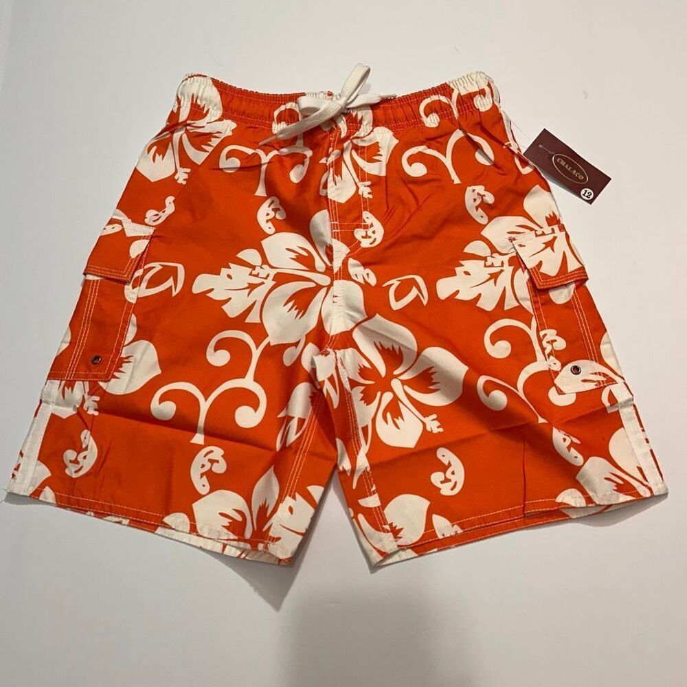 Chalaco Hibiscus Floral Swim Trunks Orange and White | Men Size 12/Medium